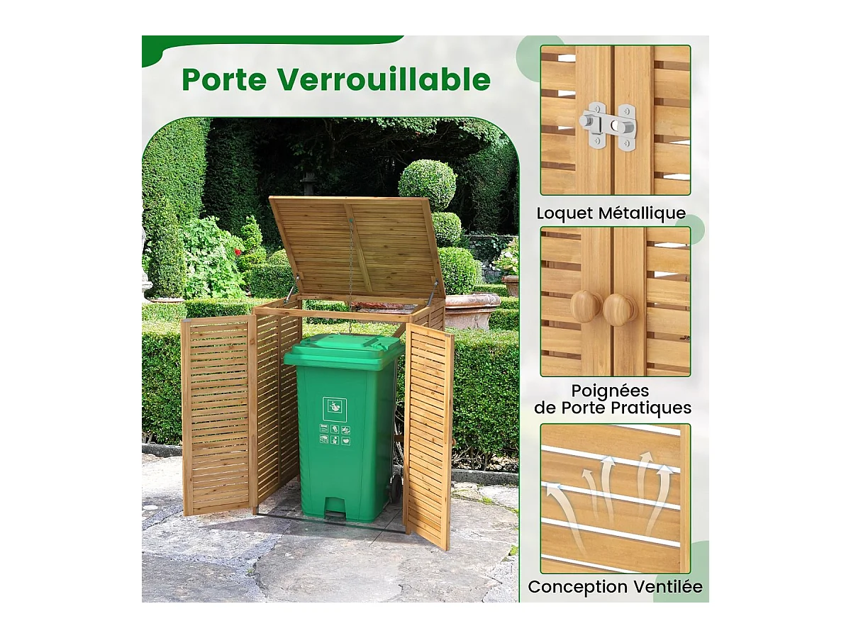 Cache Poubelle Exterieur 120 L, Abri Poubelle en Bois avec Couvercle Relevable, Doubles Portes, Loquet de Verrouillage, Naturel