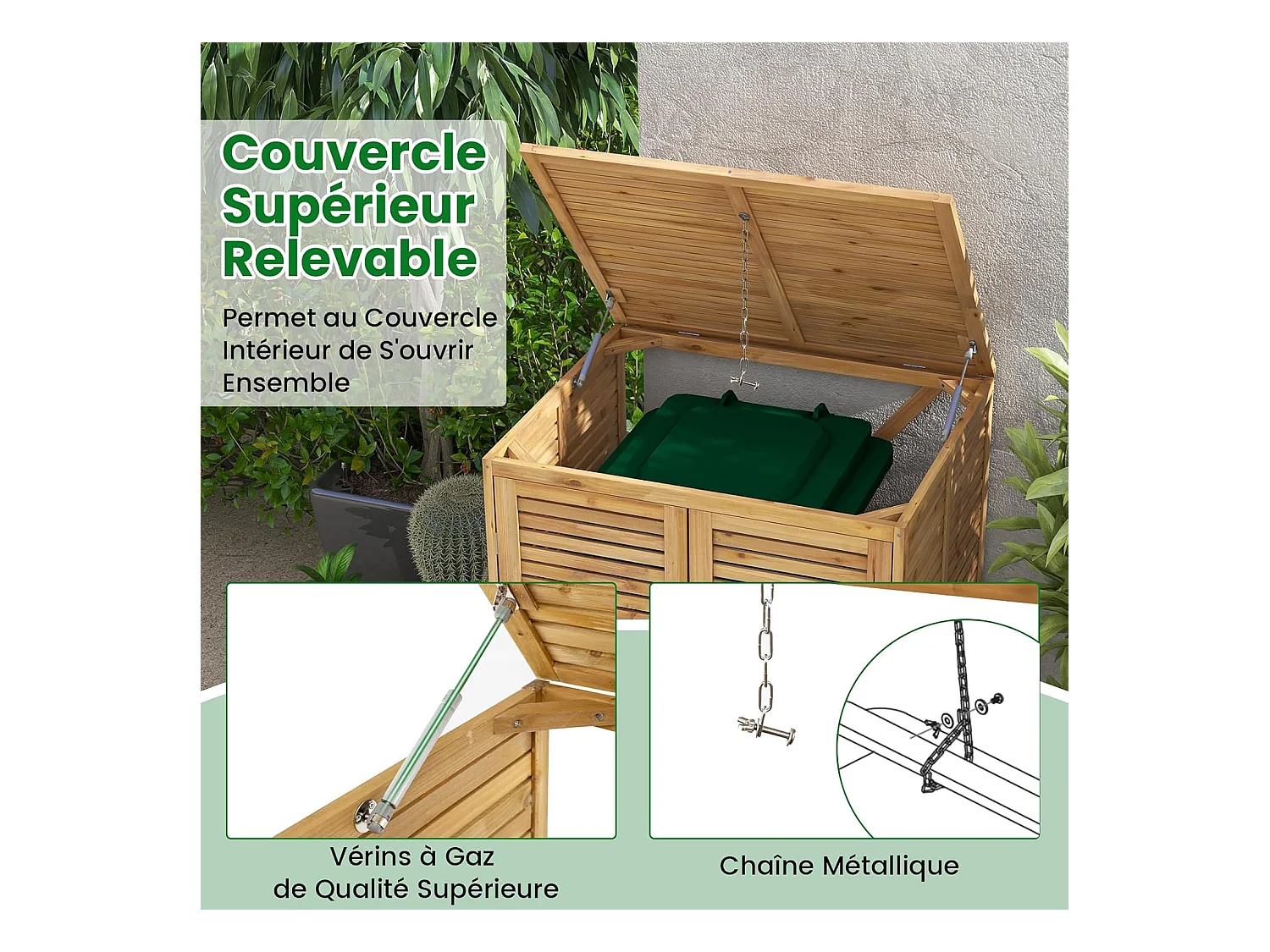 Cache Poubelle Exterieur 120 L, Abri Poubelle en Bois avec Couvercle Relevable, Doubles Portes, Loquet de Verrouillage, Naturel