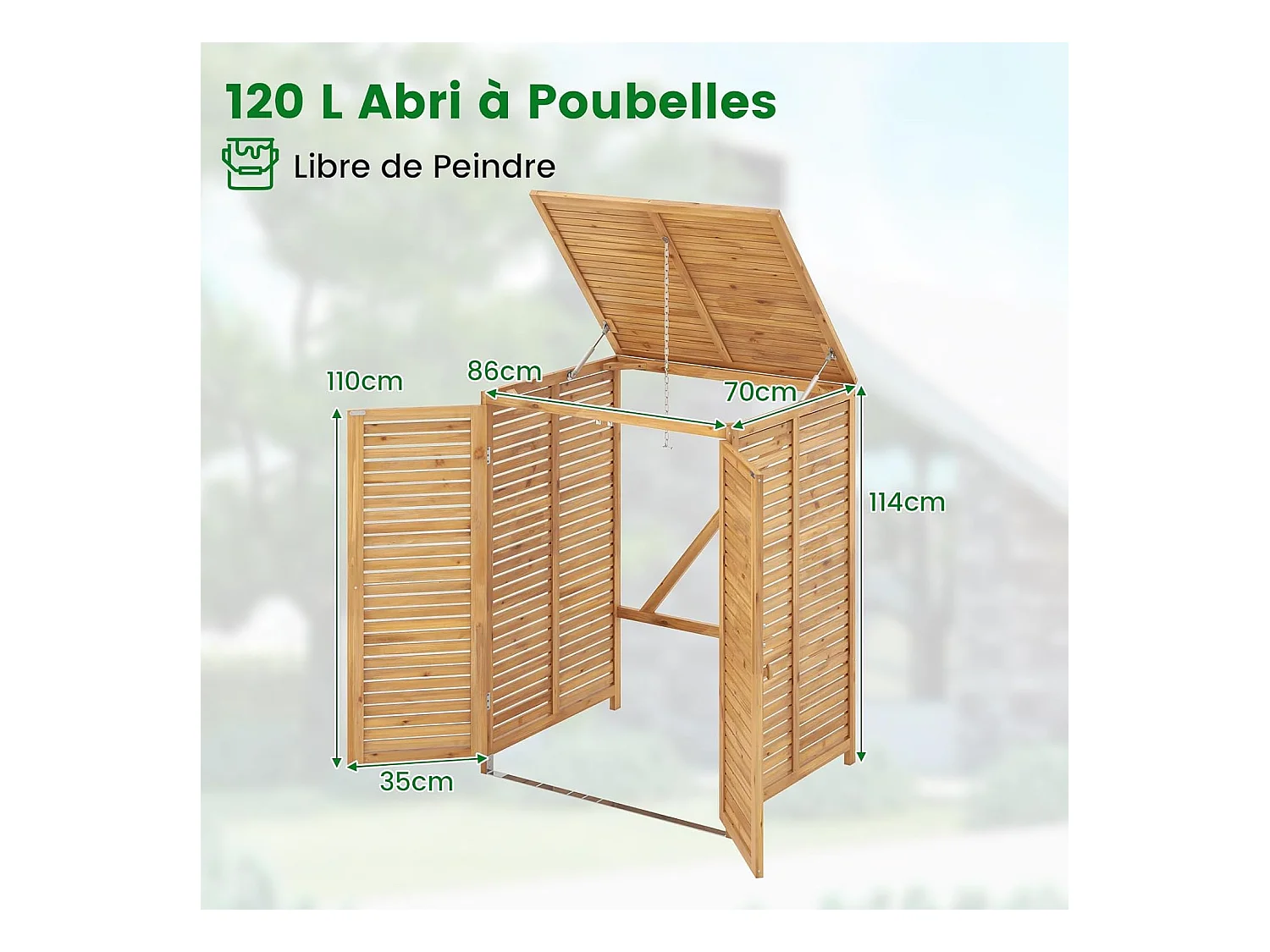 Cache Poubelle Exterieur 120 L, Abri Poubelle en Bois avec Couvercle Relevable, Doubles Portes, Loquet de Verrouillage, Naturel