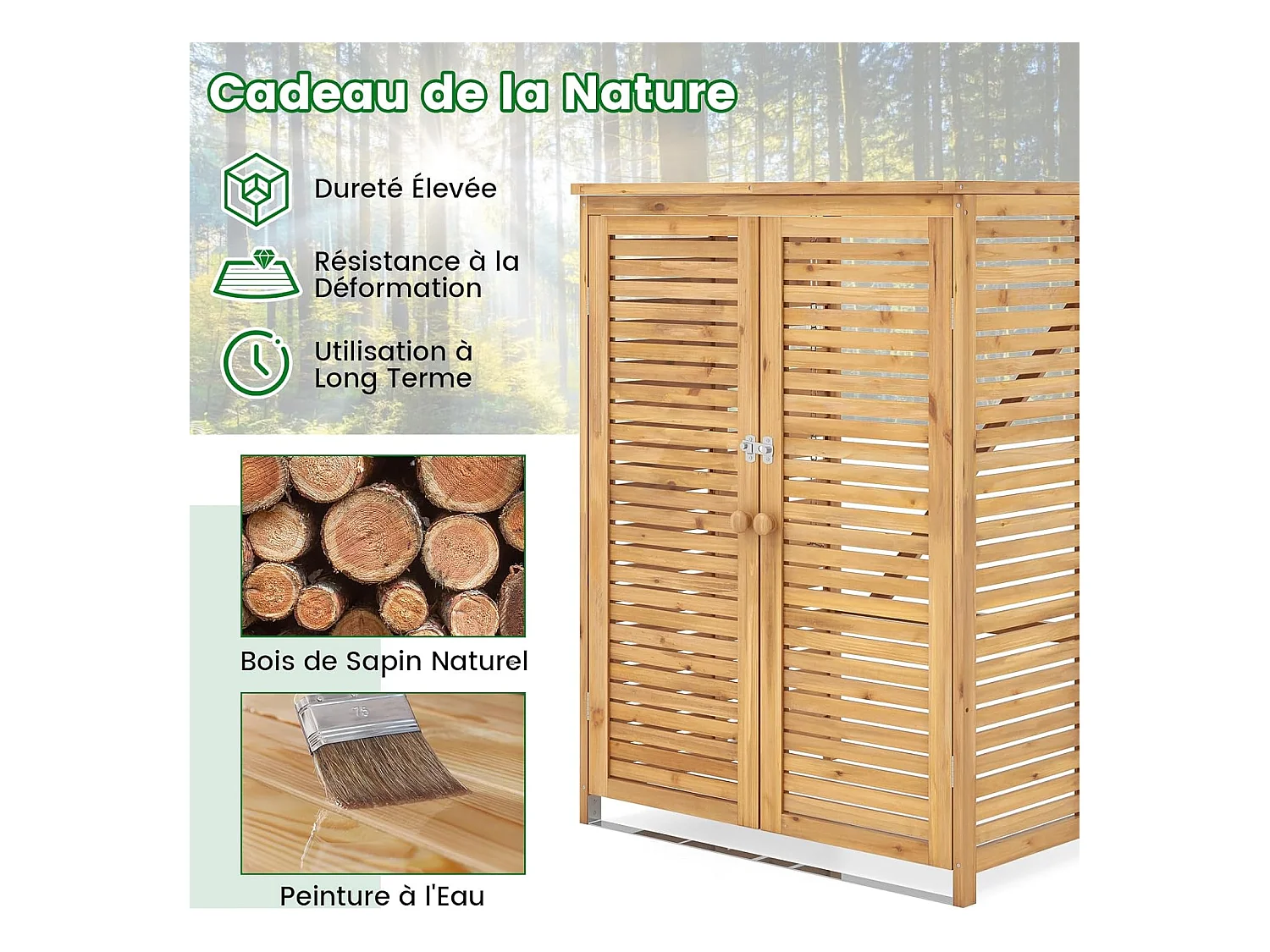 Cache Poubelle Exterieur 120 L, Abri Poubelle en Bois avec Couvercle Relevable, Doubles Portes, Loquet de Verrouillage, Naturel