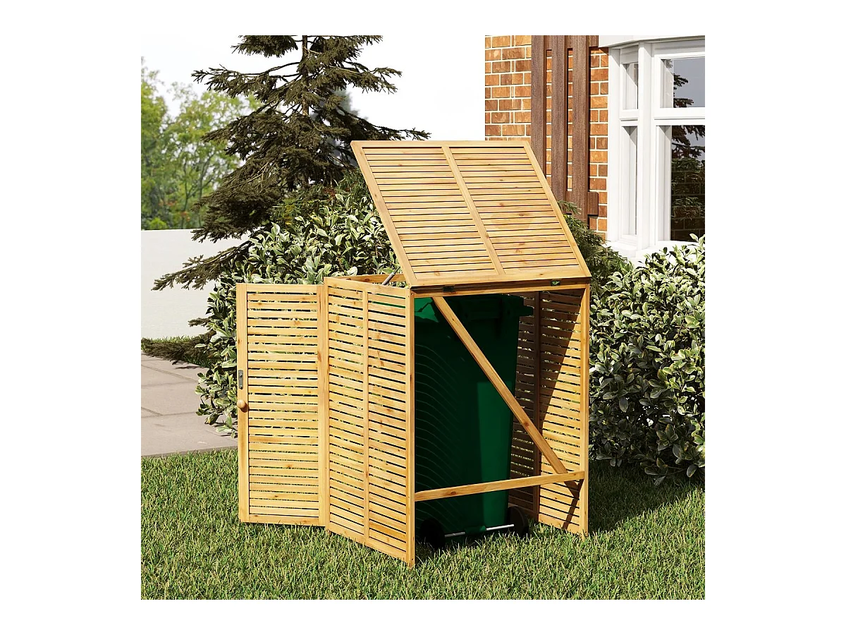 Cache Poubelle Exterieur 120 L, Abri Poubelle en Bois avec Couvercle Relevable, Doubles Portes, Loquet de Verrouillage, Naturel
