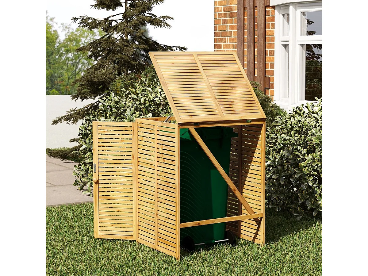 Cache Poubelle Exterieur 120 L, Abri Poubelle en Bois avec Couvercle Relevable, Doubles Portes, Loquet de Verrouillage, Naturel