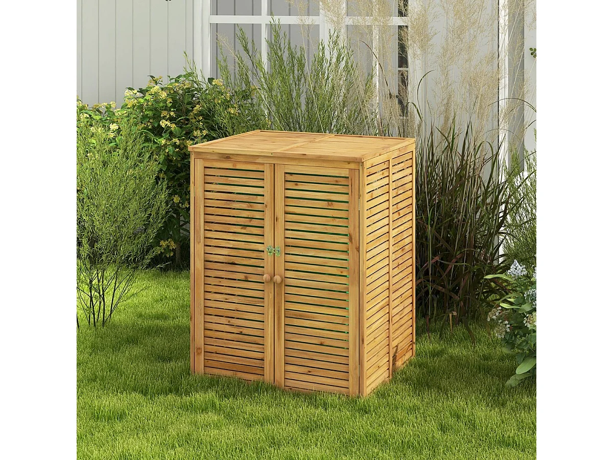Cache Poubelle Exterieur 120 L, Abri Poubelle en Bois avec Couvercle Relevable, Doubles Portes, Loquet de Verrouillage, Naturel