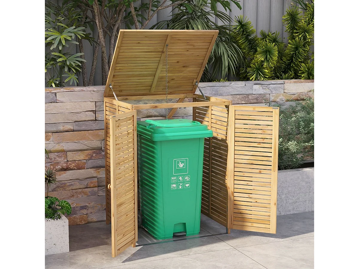 Cache Poubelle Exterieur 120 L, Abri Poubelle en Bois avec Couvercle Relevable, Doubles Portes, Loquet de Verrouillage, Naturel