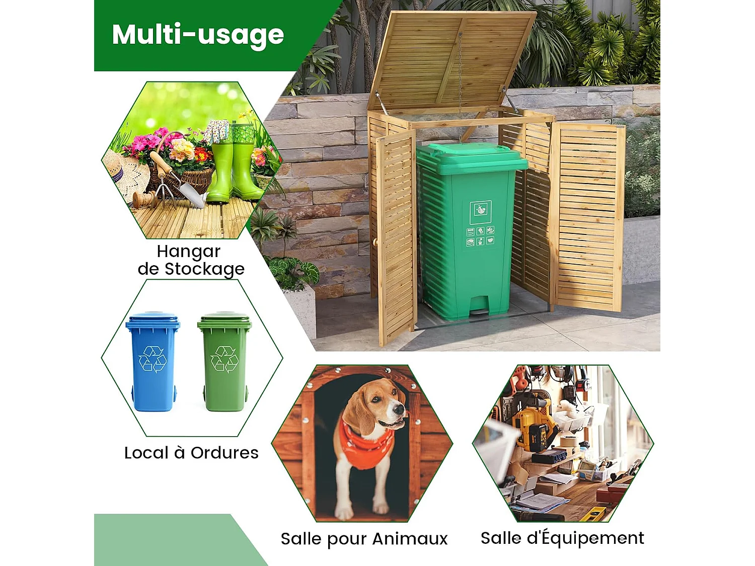 Cache Poubelle Exterieur 120 L, Abri Poubelle en Bois avec Couvercle Relevable, Doubles Portes, Loquet de Verrouillage, Naturel