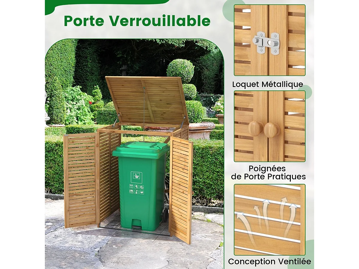 Cache Poubelle Exterieur 120 L, Abri Poubelle en Bois avec Couvercle Relevable, Doubles Portes, Loquet de Verrouillage, Naturel