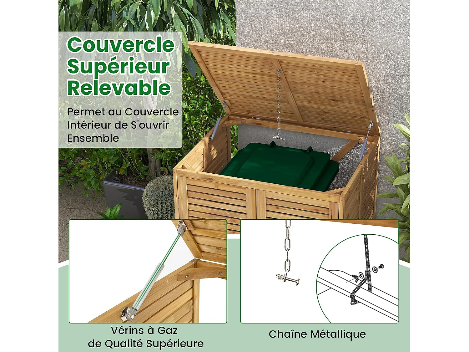 Cache Poubelle Exterieur 120 L, Abri Poubelle en Bois avec Couvercle Relevable, Doubles Portes, Loquet de Verrouillage, Naturel