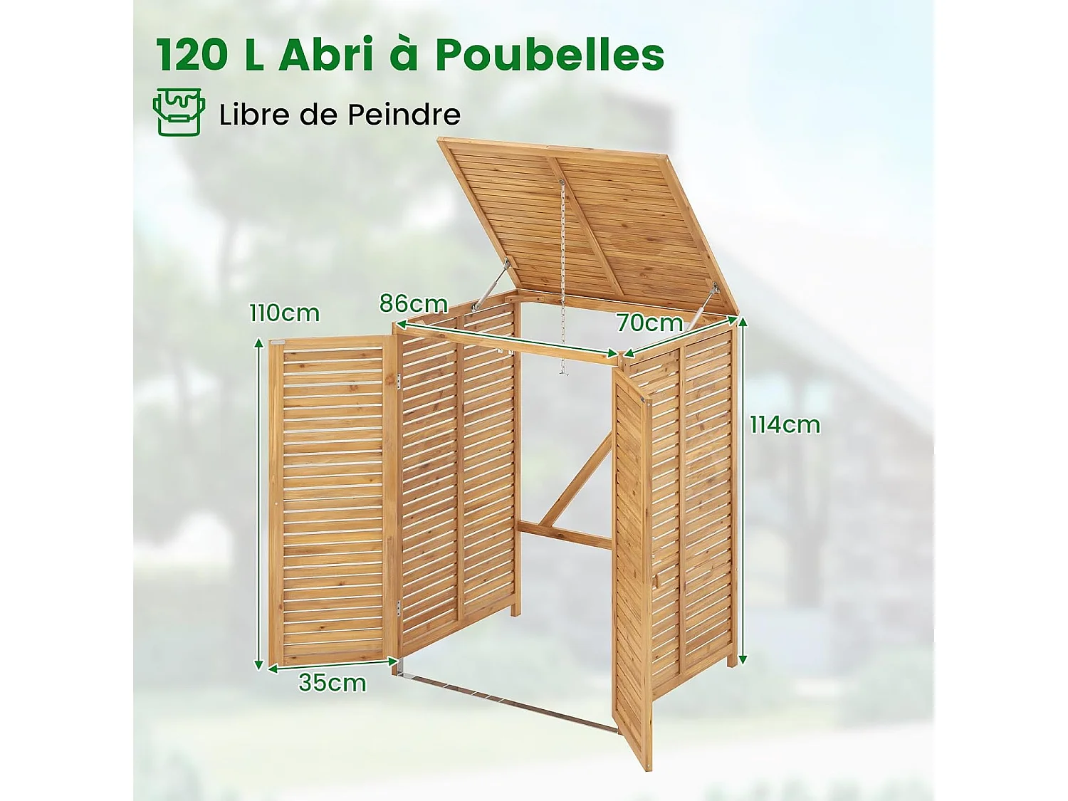 Cache Poubelle Exterieur 120 L, Abri Poubelle en Bois avec Couvercle Relevable, Doubles Portes, Loquet de Verrouillage, Naturel