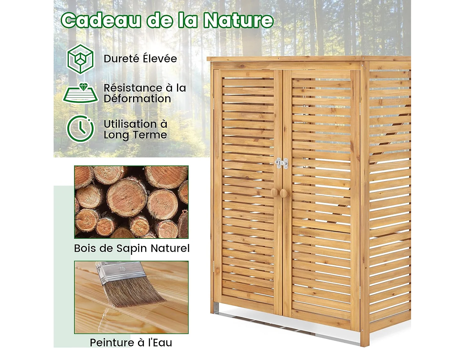 Cache Poubelle Exterieur 120 L, Abri Poubelle en Bois avec Couvercle Relevable, Doubles Portes, Loquet de Verrouillage, Naturel
