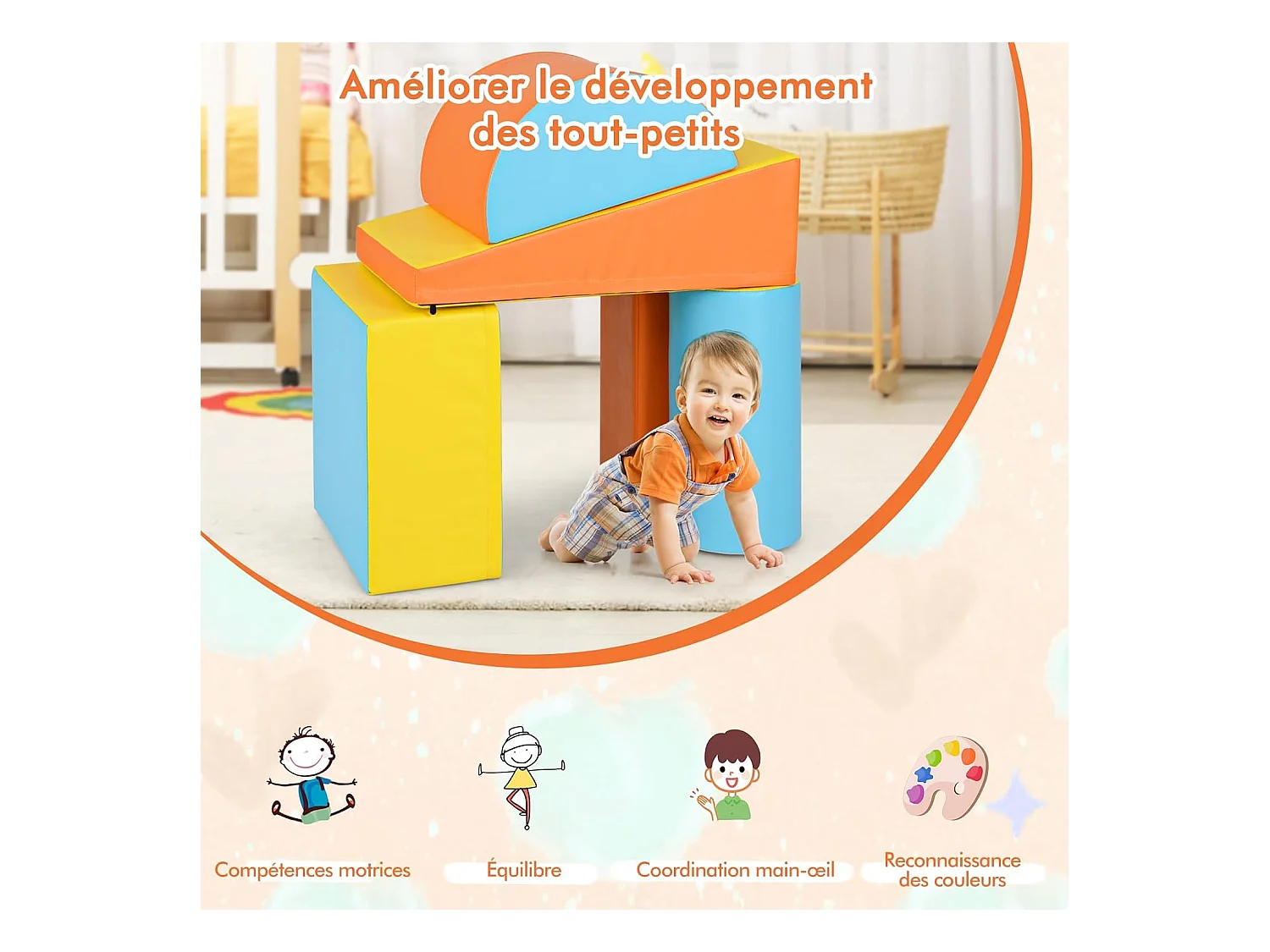 5PCS Parcours Motricité Bébé en Mousse EPE avec Housse en PU, Module Motricité Bébé avec Fermeture Clair, pour Enfants d'Âge Préscolaire (Jaune)