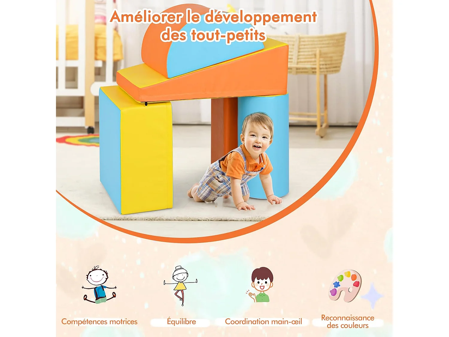 5PCS Parcours Motricité Bébé en Mousse EPE avec Housse en PU, Module Motricité Bébé avec Fermeture Clair, pour Enfants d'Âge Préscolaire (Jaune)