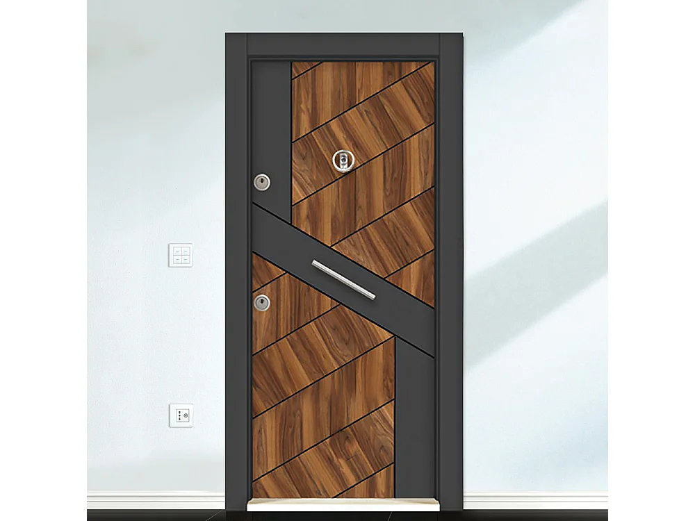 Porta blindata d’ingresso 90x200 marrone con dettagli neri PL60