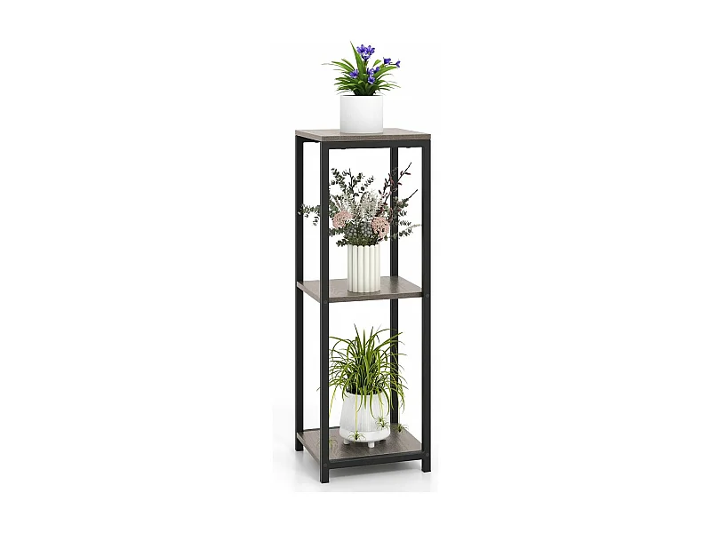 Supports de Plantes Métallique à 3 Niveaux, Porte-Plantes d'Angle avec Dispositifs Anti-basculement, Organisateur de Pots de Fleurs Carré, Gris + Noir