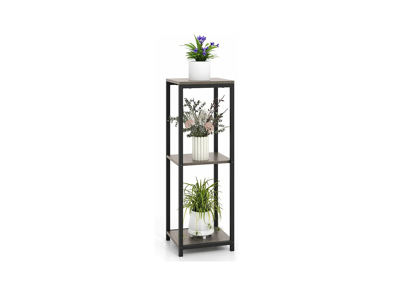 Supports de Plantes Métallique à 3 Niveaux, Porte-Plantes d'Angle avec Dispositifs Anti-basculement, Organisateur de Pots de Fleurs Carré, Gris + Noir