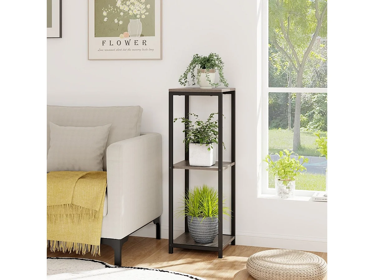 Supports de Plantes Métallique à 3 Niveaux, Porte-Plantes d'Angle avec Dispositifs Anti-basculement, Organisateur de Pots de Fleurs Carré, Gris + Noir