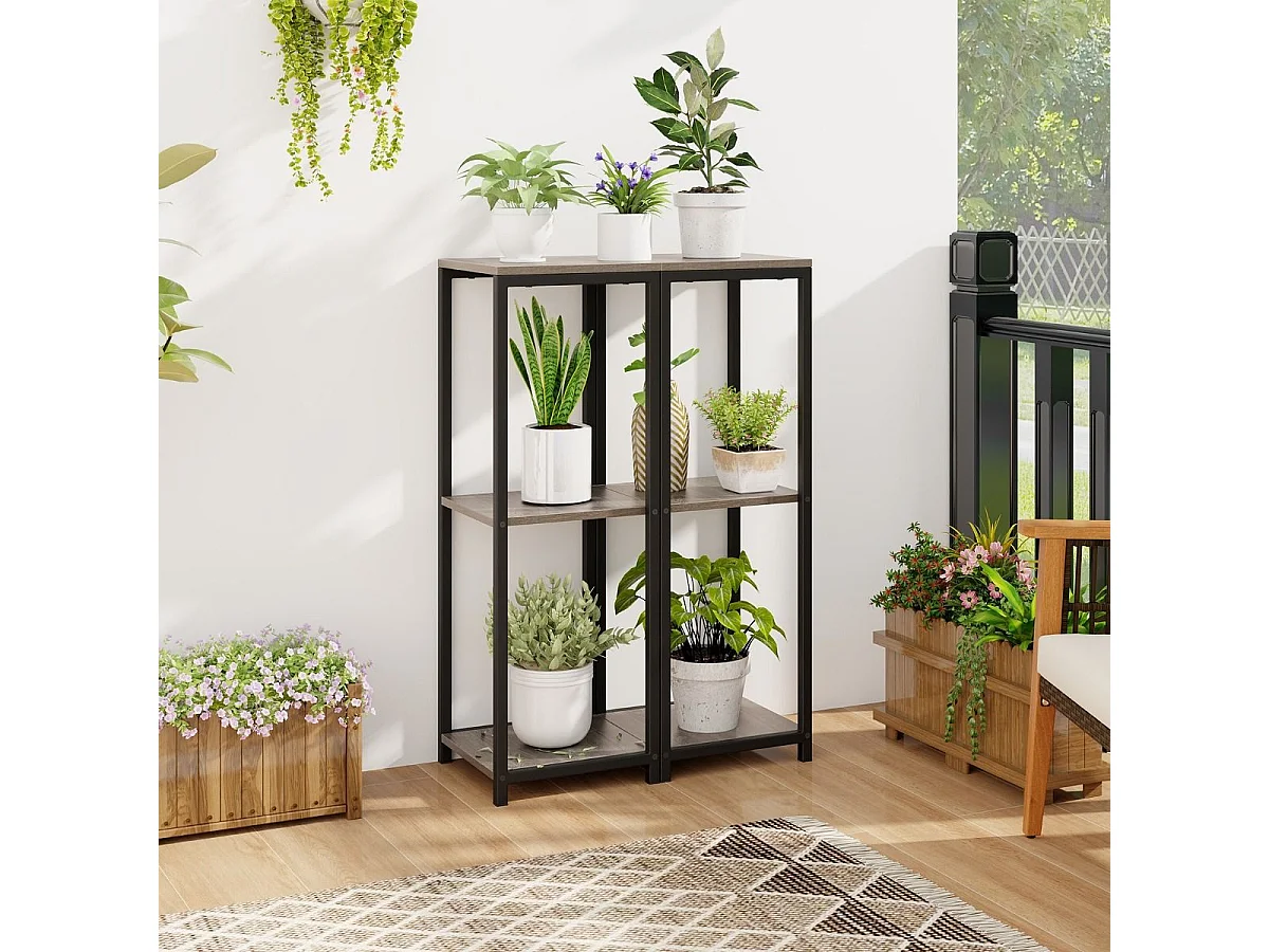 Supports de Plantes Métallique à 3 Niveaux, Porte-Plantes d'Angle avec Dispositifs Anti-basculement, Organisateur de Pots de Fleurs Carré, Gris + Noir