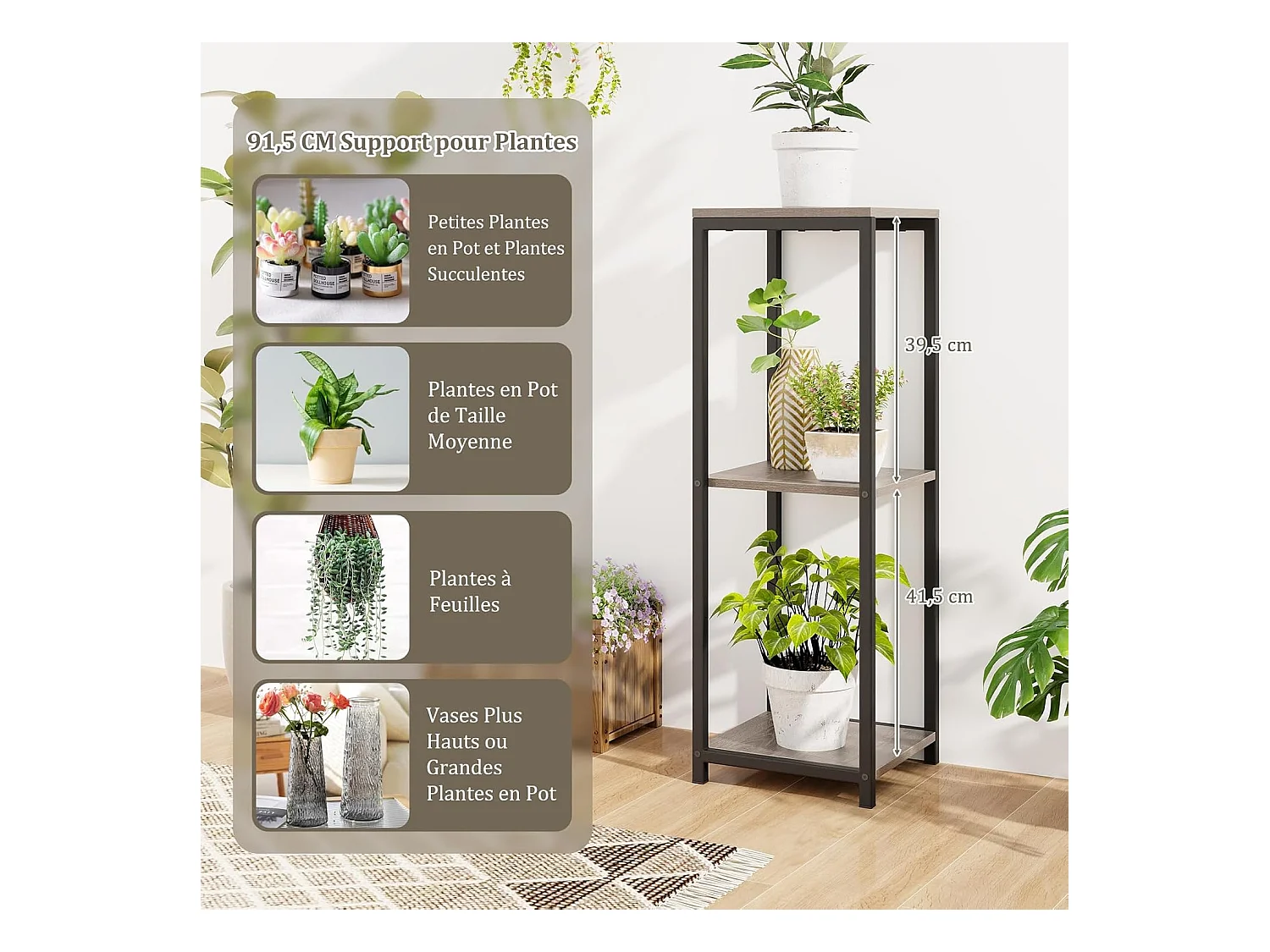 Supports de Plantes Métallique à 3 Niveaux, Porte-Plantes d'Angle avec Dispositifs Anti-basculement, Organisateur de Pots de Fleurs Carré, Gris + Noir