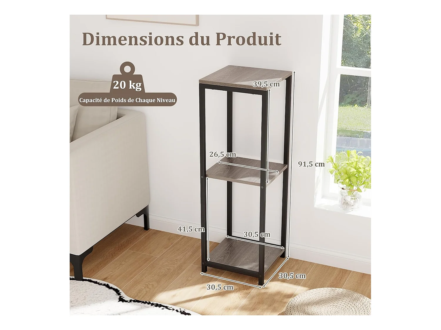 Supports de Plantes Métallique à 3 Niveaux, Porte-Plantes d'Angle avec Dispositifs Anti-basculement, Organisateur de Pots de Fleurs Carré, Gris + Noir