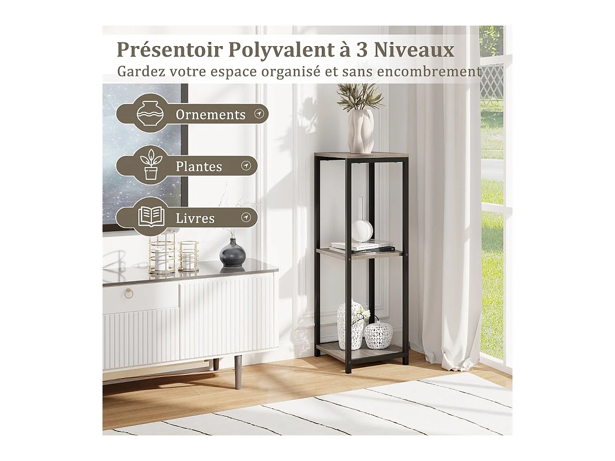 Supports de Plantes Métallique à 3 Niveaux, Porte-Plantes d'Angle avec Dispositifs Anti-basculement, Organisateur de Pots de Fleurs Carré, Gris + Noir
