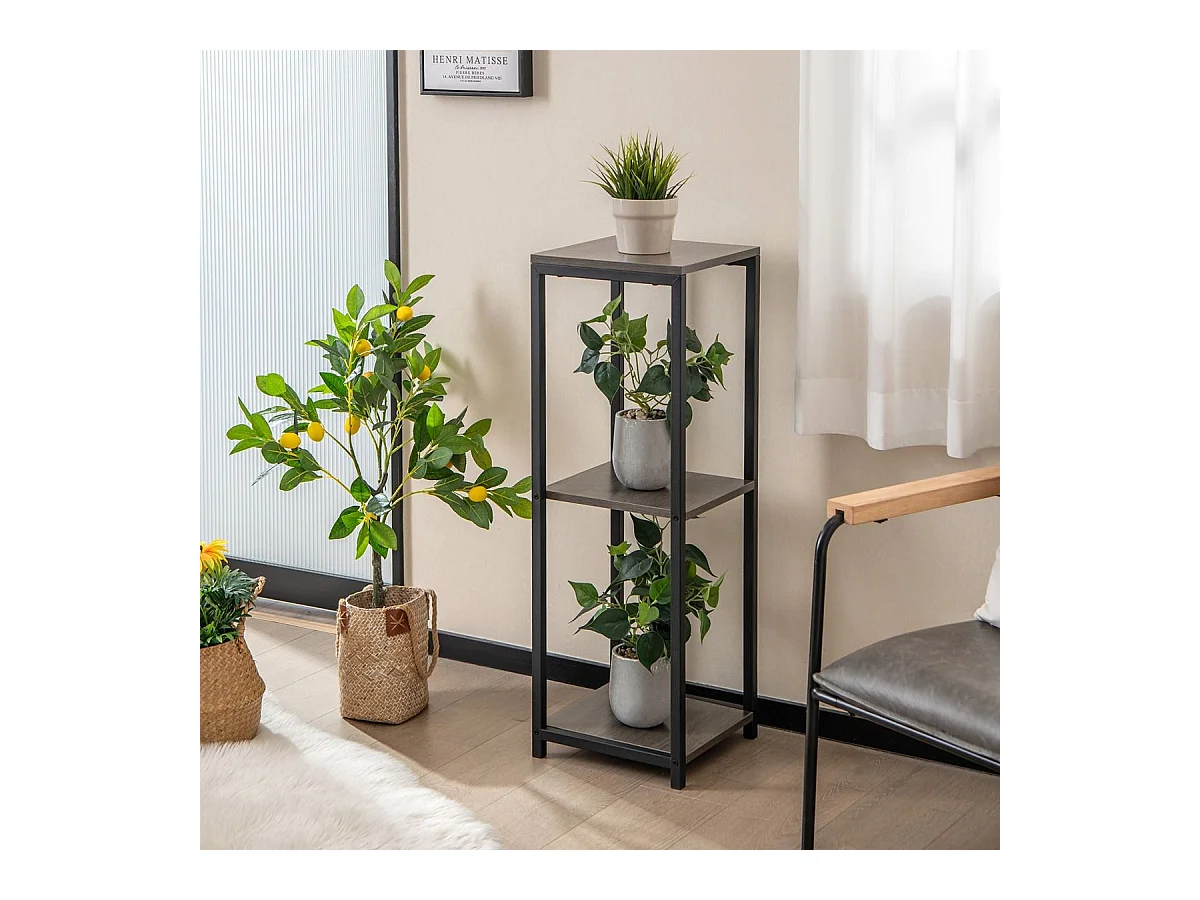 Supports de Plantes Métallique à 3 Niveaux, Porte-Plantes d'Angle avec Dispositifs Anti-basculement, Organisateur de Pots de Fleurs Carré, Gris + Noir