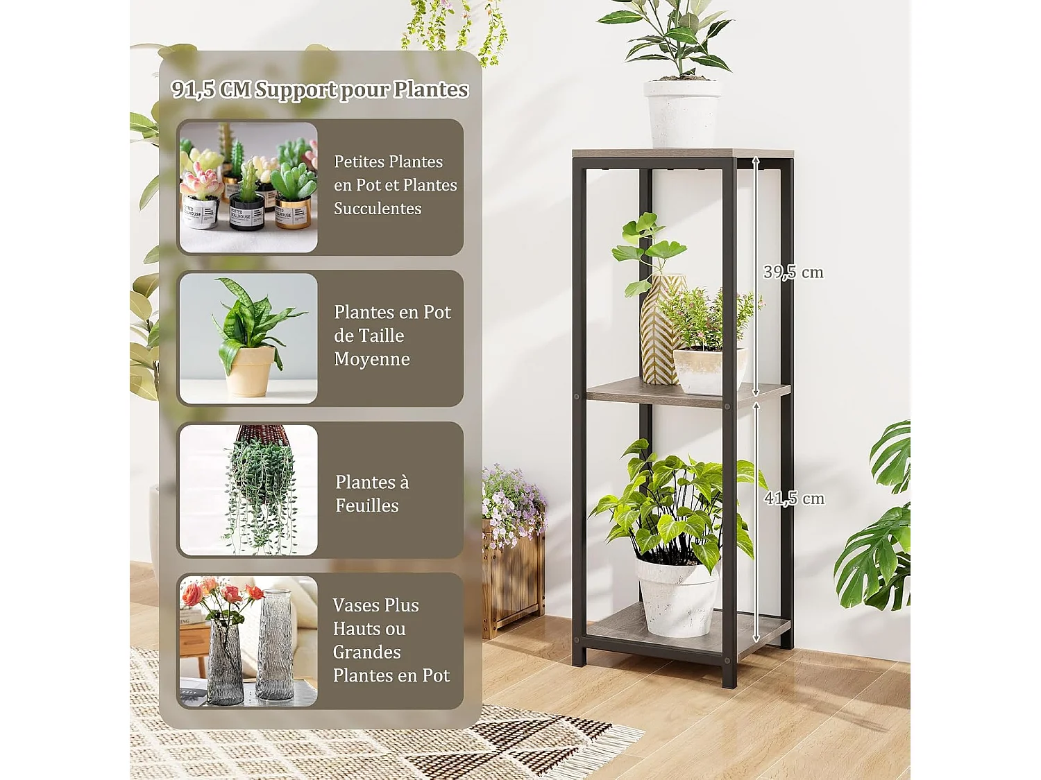 Supports de Plantes Métallique à 3 Niveaux, Porte-Plantes d'Angle avec Dispositifs Anti-basculement, Organisateur de Pots de Fleurs Carré, Gris + Noir
