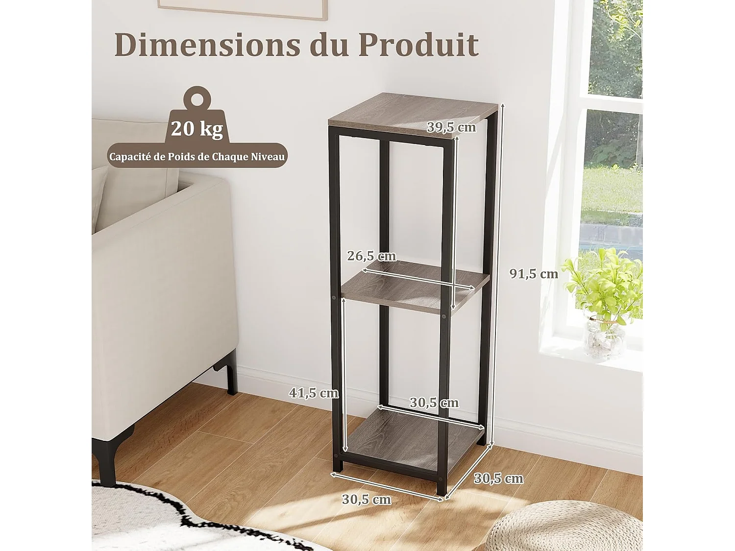 Supports de Plantes Métallique à 3 Niveaux, Porte-Plantes d'Angle avec Dispositifs Anti-basculement, Organisateur de Pots de Fleurs Carré, Gris + Noir