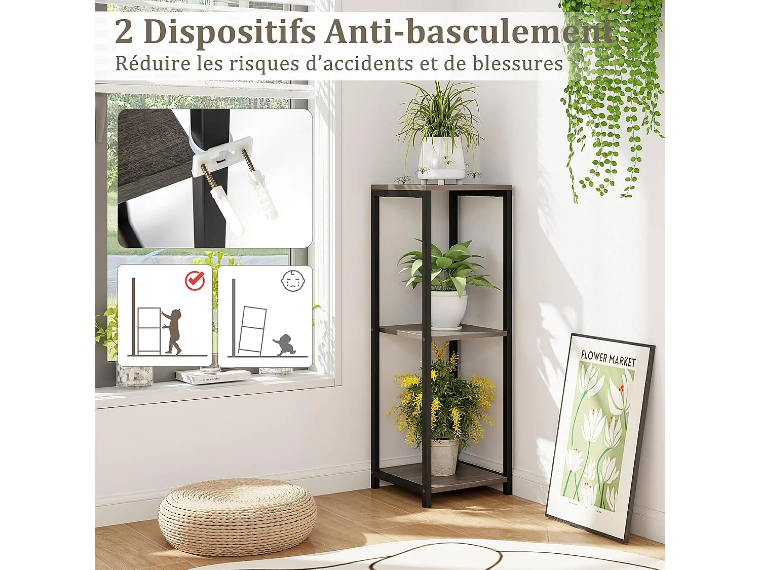 Supports de Plantes Métallique à 3 Niveaux, Porte-Plantes d'Angle avec Dispositifs Anti-basculement, Organisateur de Pots de Fleurs Carré, Gris + Noir