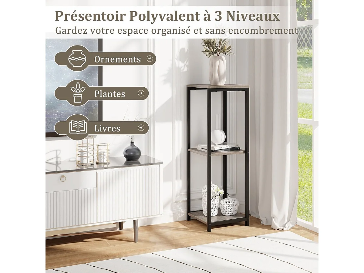 Supports de Plantes Métallique à 3 Niveaux, Porte-Plantes d'Angle avec Dispositifs Anti-basculement, Organisateur de Pots de Fleurs Carré, Gris + Noir