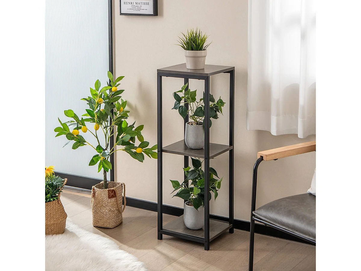 Supports de Plantes Métallique à 3 Niveaux, Porte-Plantes d'Angle avec Dispositifs Anti-basculement, Organisateur de Pots de Fleurs Carré, Gris + Noir