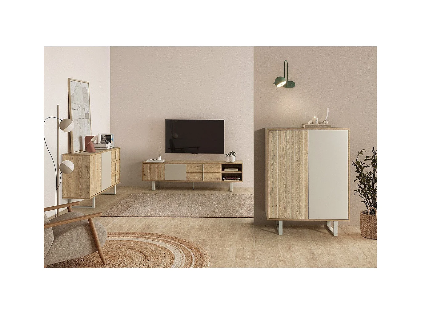 Meuble TV 2 portes, 2 tiroirs et 2 niches L180 cm - MILLAY