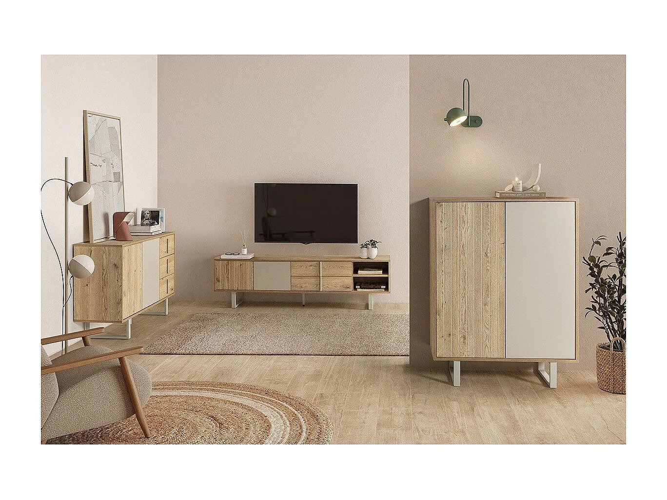 Meuble TV 2 portes, 2 tiroirs et 2 niches L180 cm - MILLAY