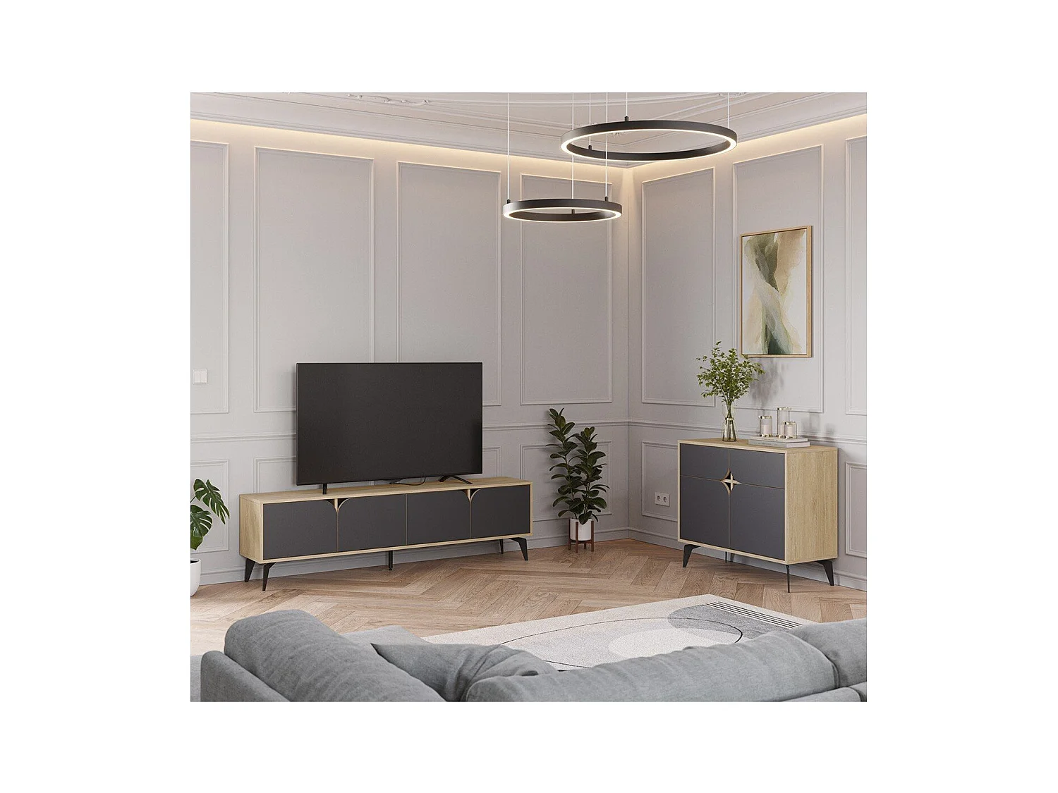 Meuble TV 4 portes avec pieds en métal L180 cm - FLORA
