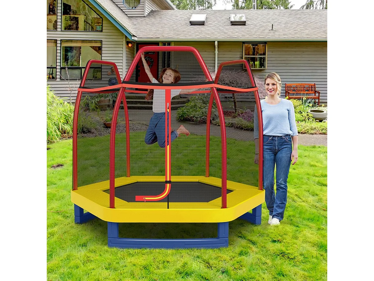 Trampoline Extérieur Ø 223cm Enfants avec Filet de Sécurité, Trampoline Rond avec 6 Poteaux Recouvert de Mousse, Charge150KG pour Enfants 3 Ans+ (Rouge+Jaune)