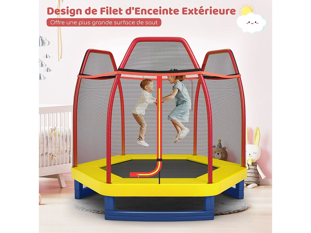 Trampoline Extérieur Ø 223cm Enfants avec Filet de Sécurité, Trampoline Rond avec 6 Poteaux Recouvert de Mousse, Charge150KG pour Enfants 3 Ans+ (Rouge+Jaune)