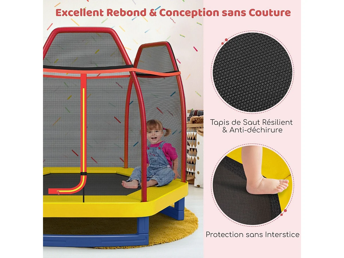 Trampoline Extérieur Ø 223cm Enfants avec Filet de Sécurité, Trampoline Rond avec 6 Poteaux Recouvert de Mousse, Charge150KG pour Enfants 3 Ans+ (Rouge+Jaune)