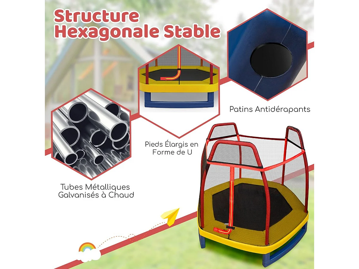 Trampoline Extérieur Ø 223cm Enfants avec Filet de Sécurité, Trampoline Rond avec 6 Poteaux Recouvert de Mousse, Charge150KG pour Enfants 3 Ans+ (Rouge+Jaune)