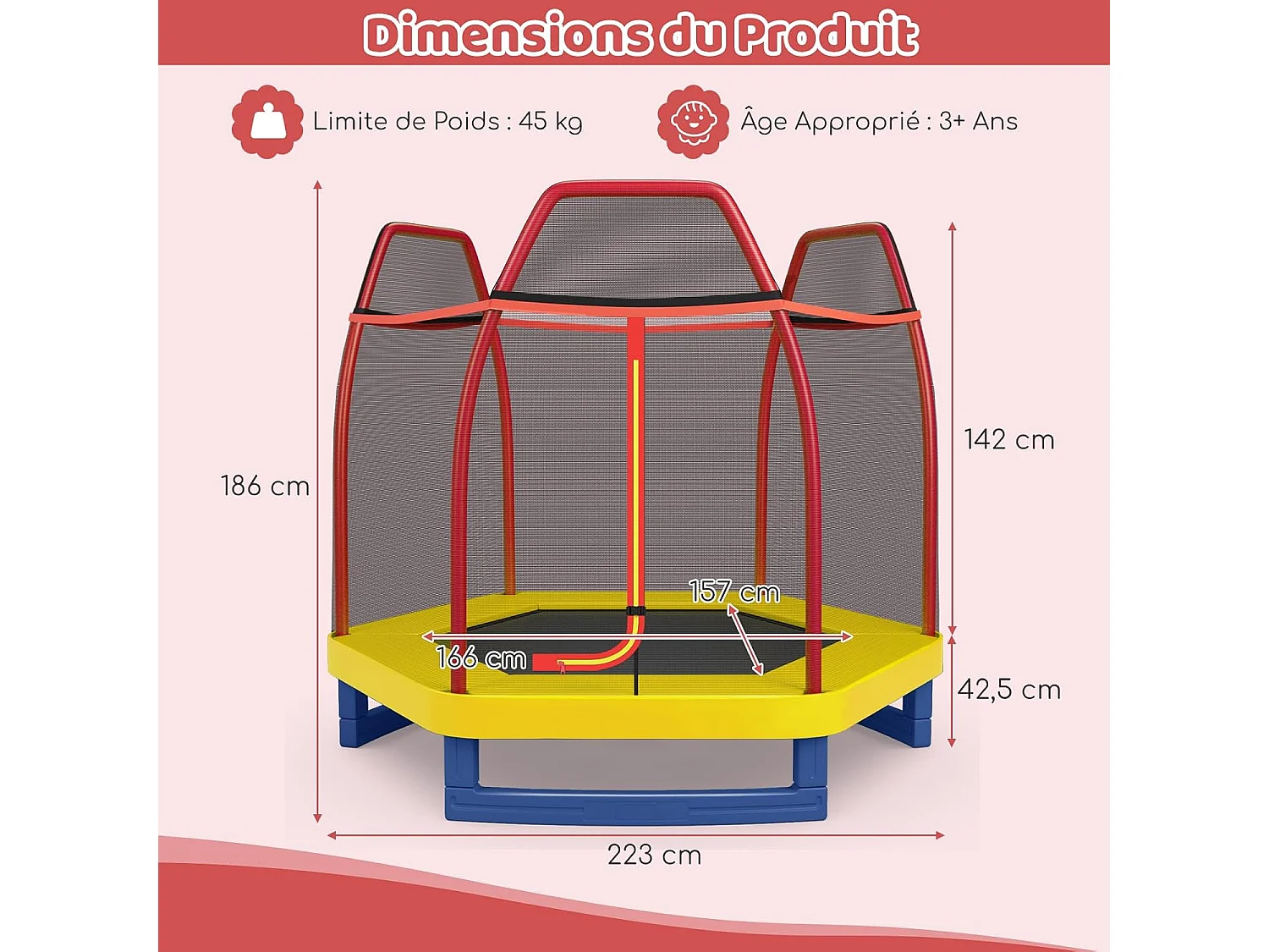 Trampoline Extérieur Ø 223cm Enfants avec Filet de Sécurité, Trampoline Rond avec 6 Poteaux Recouvert de Mousse, Charge150KG pour Enfants 3 Ans+ (Rouge+Jaune)