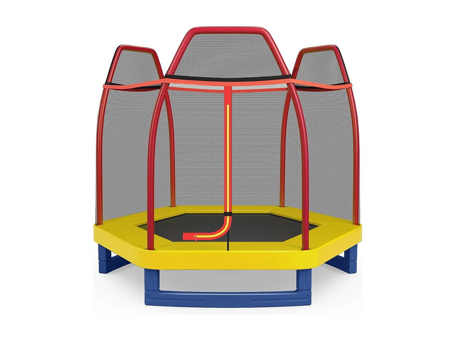 Trampoline Extérieur Ø 223cm Enfants avec Filet de Sécurité, Trampoline Rond avec 6 Poteaux Recouvert de Mousse, Charge150KG pour Enfants 3 Ans+ (Rouge+Jaune)