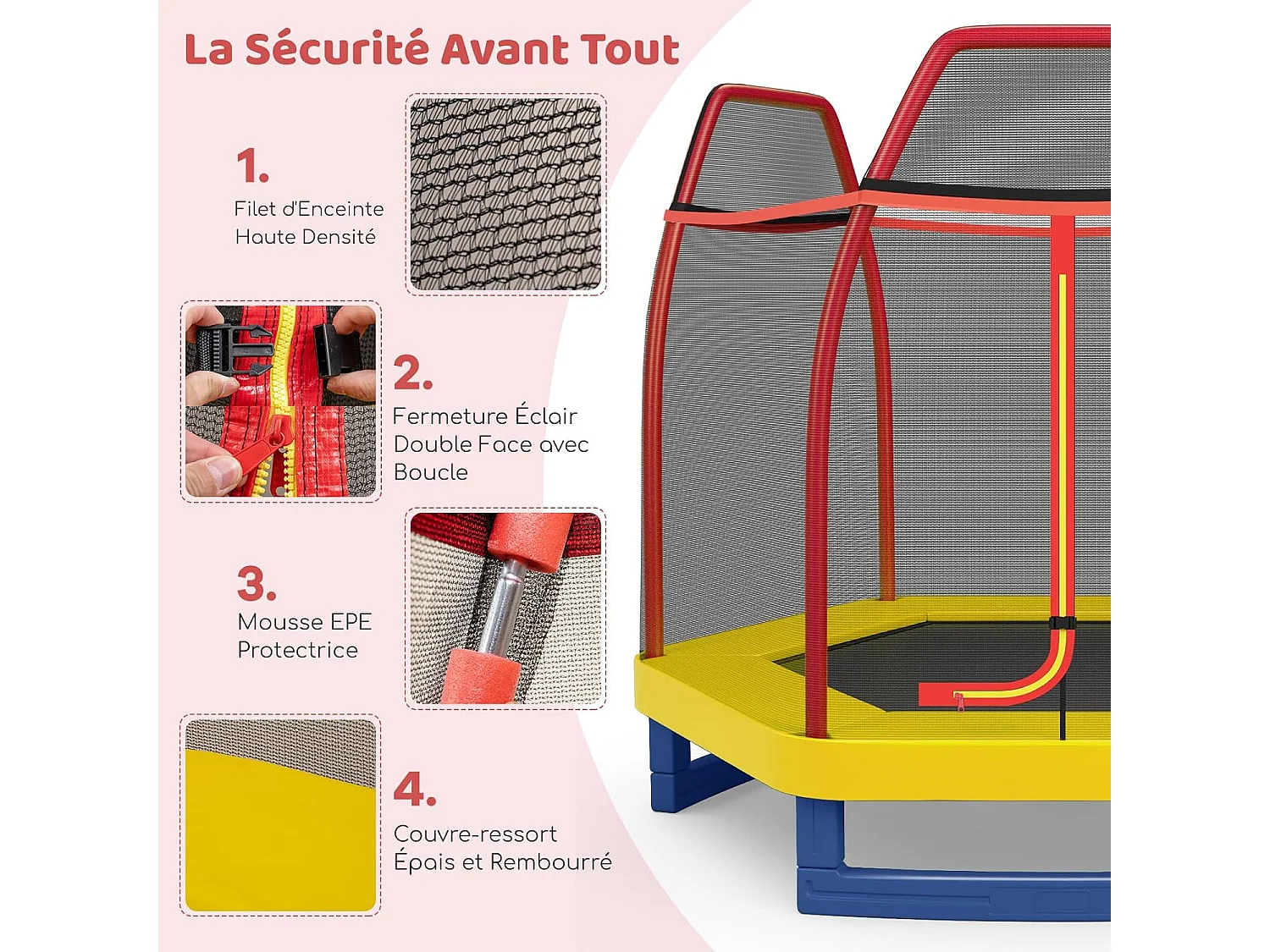 Trampoline Extérieur Ø 223cm Enfants avec Filet de Sécurité, Trampoline Rond avec 6 Poteaux Recouvert de Mousse, Charge150KG pour Enfants 3 Ans+ (Rouge+Jaune)