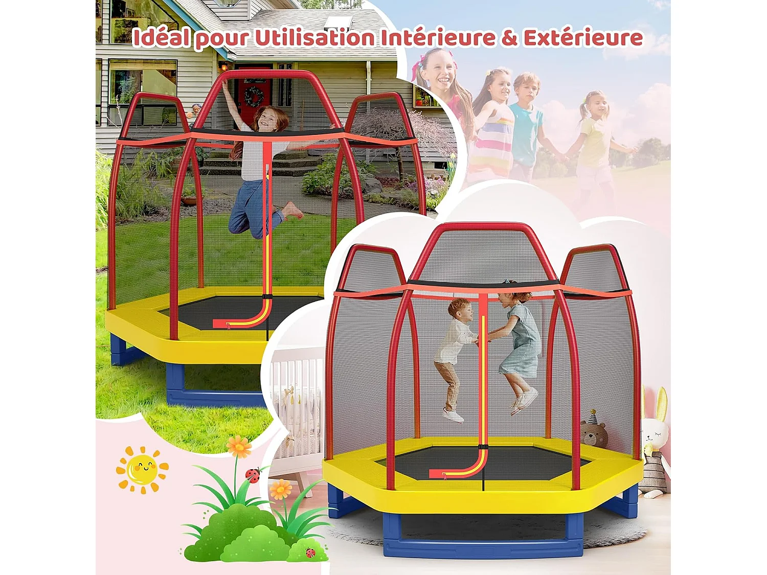 Trampoline Extérieur Ø 223cm Enfants avec Filet de Sécurité, Trampoline Rond avec 6 Poteaux Recouvert de Mousse, Charge150KG pour Enfants 3 Ans+ (Rouge+Jaune)