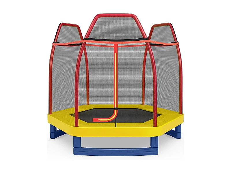 Trampoline Extérieur Ø 223cm Enfants avec Filet de Sécurité, Trampoline Rond avec 6 Poteaux Recouvert de Mousse, Charge150KG pour Enfants 3 Ans+ (Rouge+Jaune)