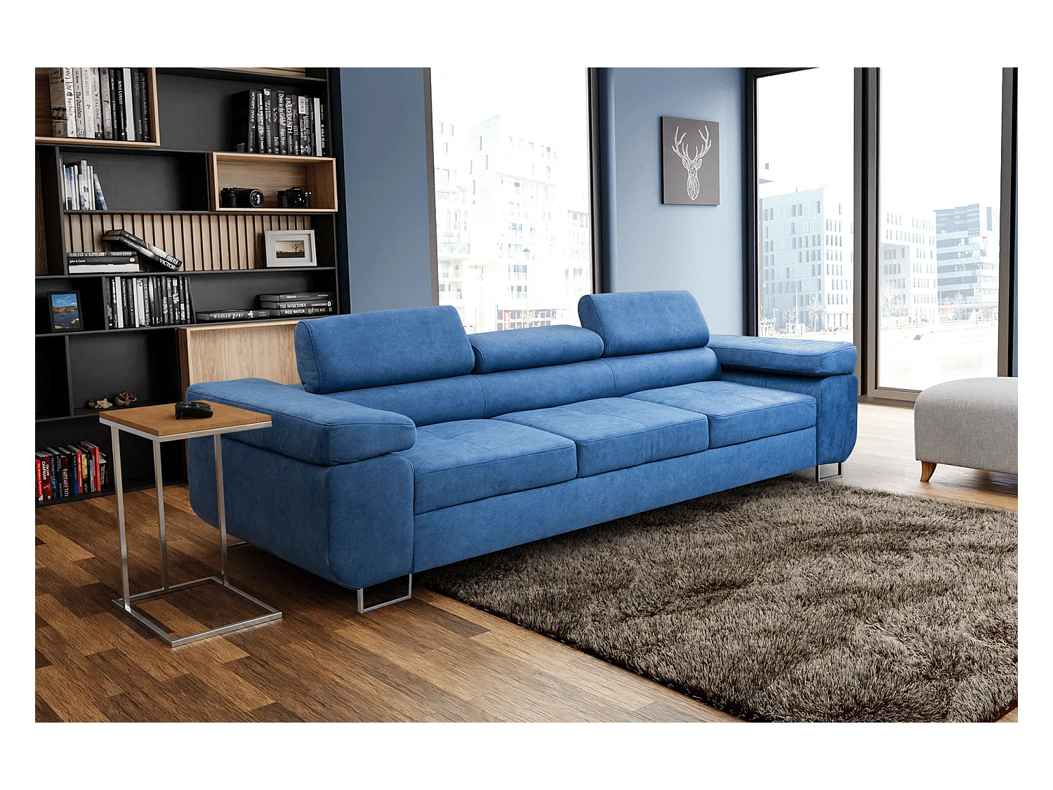 Couch Marlene mit verstellbaren Kopfstützen 274 x 97 cm, Schlaffunktion Wohnzimmersofa 3 Sitzer Freistehendes Polstersofa Sofa, blau
