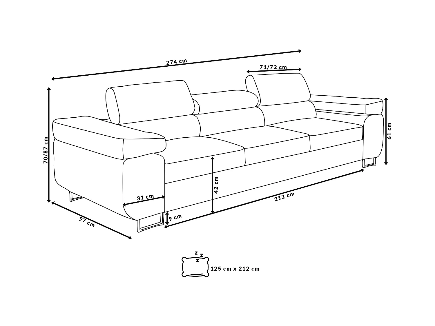 Couch Marlene mit verstellbaren Kopfstützen 274 x 97 cm, Schlaffunktion Wohnzimmersofa 3 Sitzer Freistehendes Polstersofa Sofa, blau