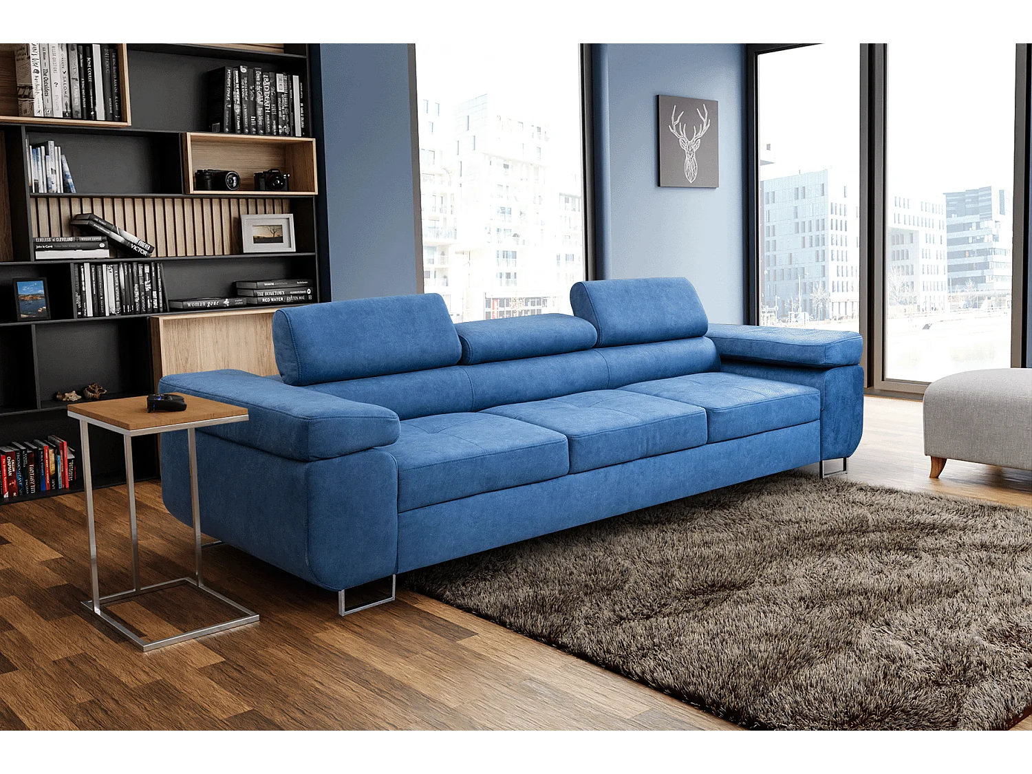 Couch Marlene mit verstellbaren Kopfstützen 274 x 97 cm, Schlaffunktion Wohnzimmersofa 3 Sitzer Freistehendes Polstersofa Sofa, blau