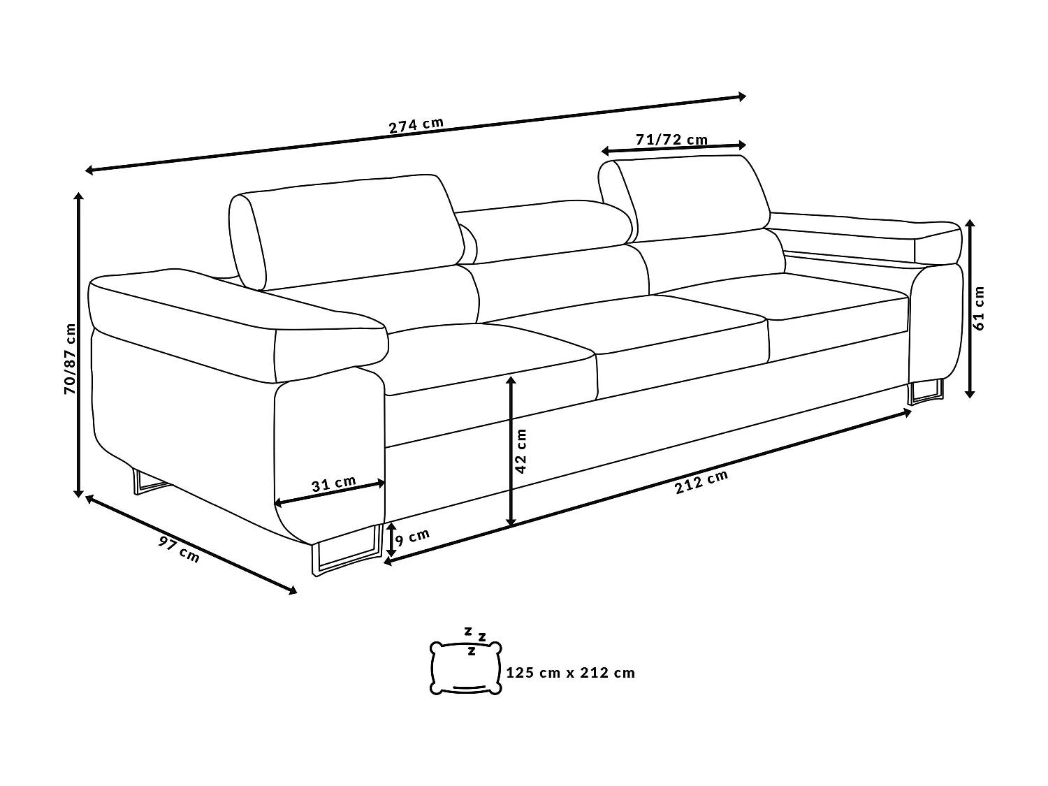 Couch Marlene mit verstellbaren Kopfstützen 274 x 97 cm, Schlaffunktion Wohnzimmersofa 3 Sitzer Freistehendes Polstersofa Sofa, hellgrau