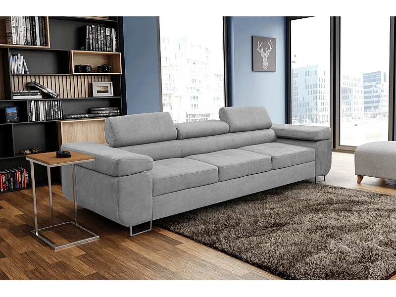 Couch Marlene mit verstellbaren Kopfstützen 274 x 97 cm, Schlaffunktion Wohnzimmersofa 3 Sitzer Freistehendes Polstersofa Sofa, hellgrau