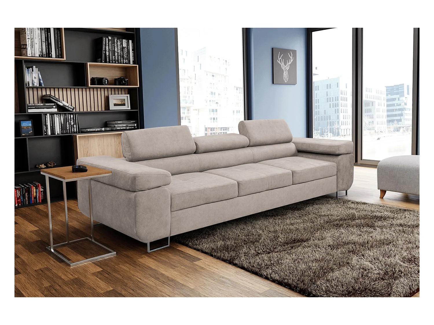 Couch Marlene mit verstellbaren Kopfstützen 274 x 97 cm, Schlaffunktion Wohnzimmersofa 3 Sitzer Freistehendes Polstersofa Sofa, beige