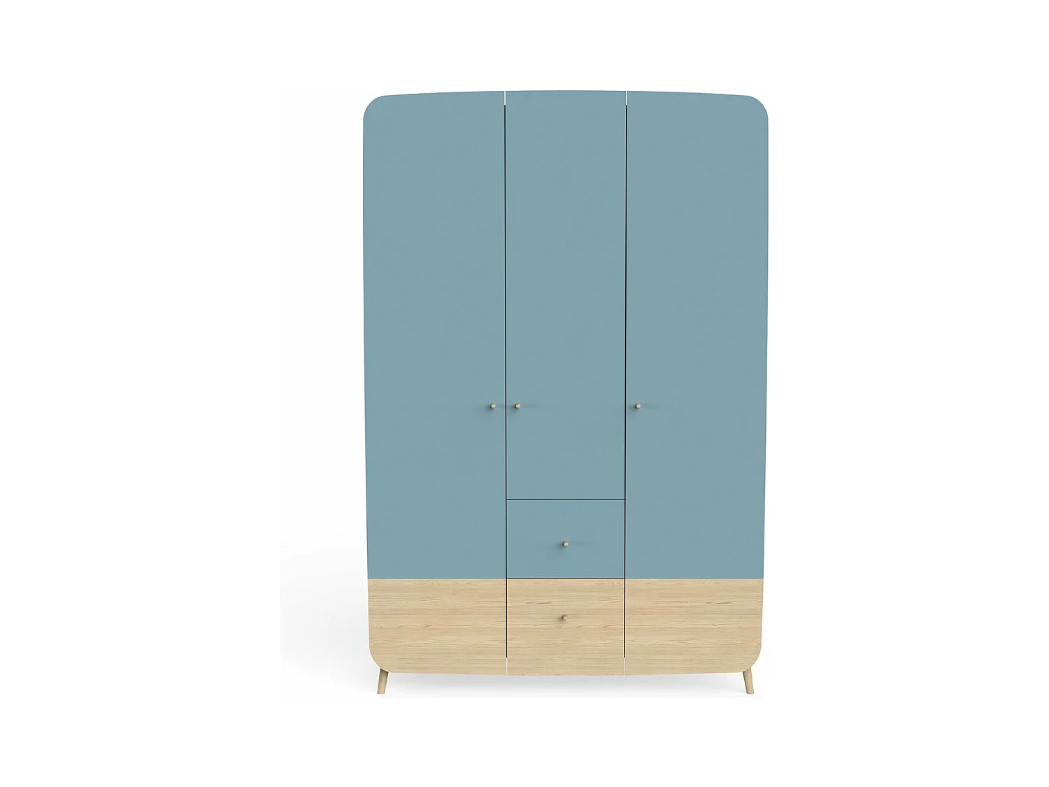 Armoire 3 portes et 4 tiroirs bleu orage et décor bois naturel - FIRMIANA