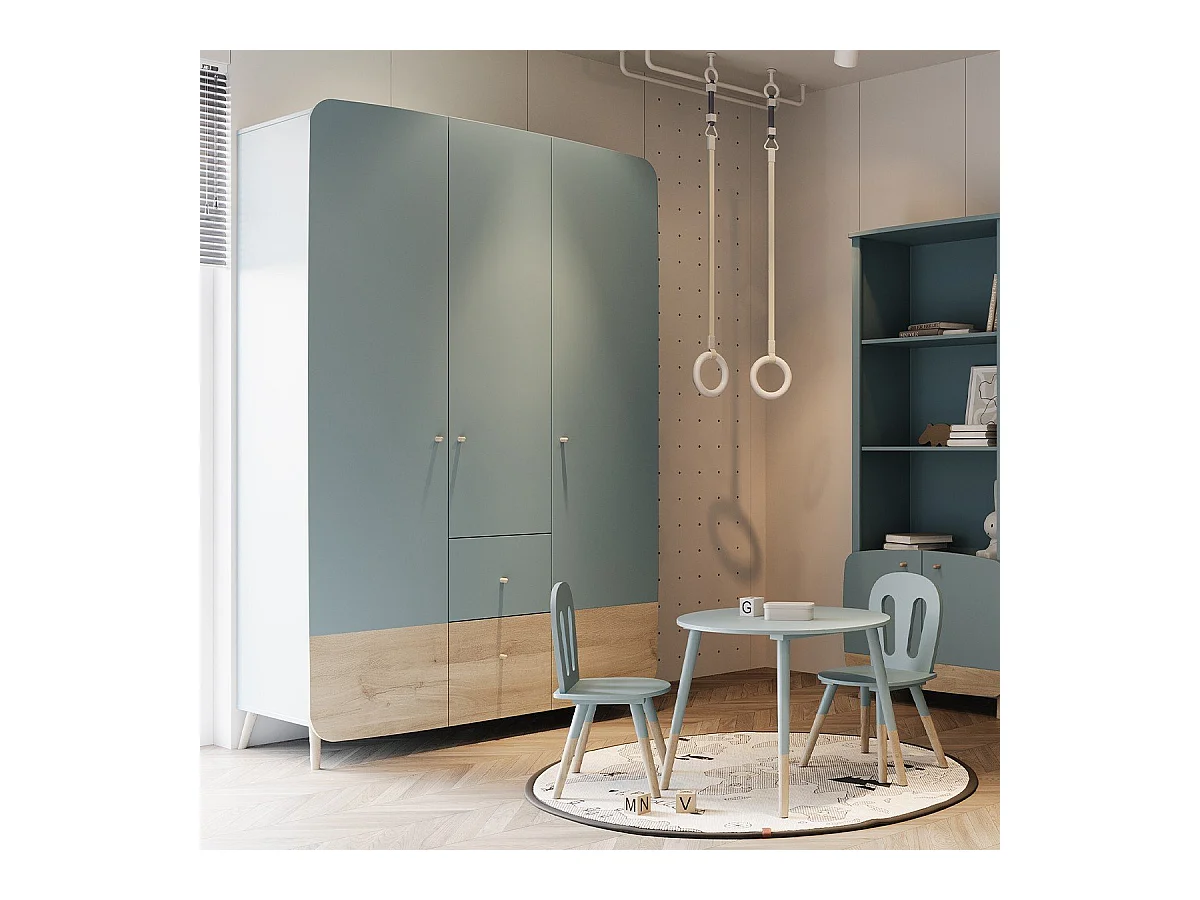 Armoire 3 portes et 4 tiroirs bleu orage et décor bois naturel - FIRMIANA