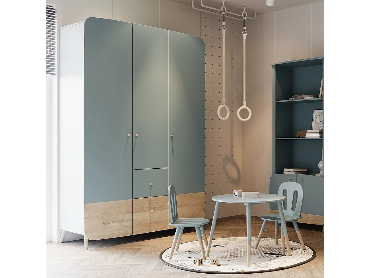 Armoire 3 portes et 4 tiroirs bleu orage et décor bois naturel - FIRMIANA